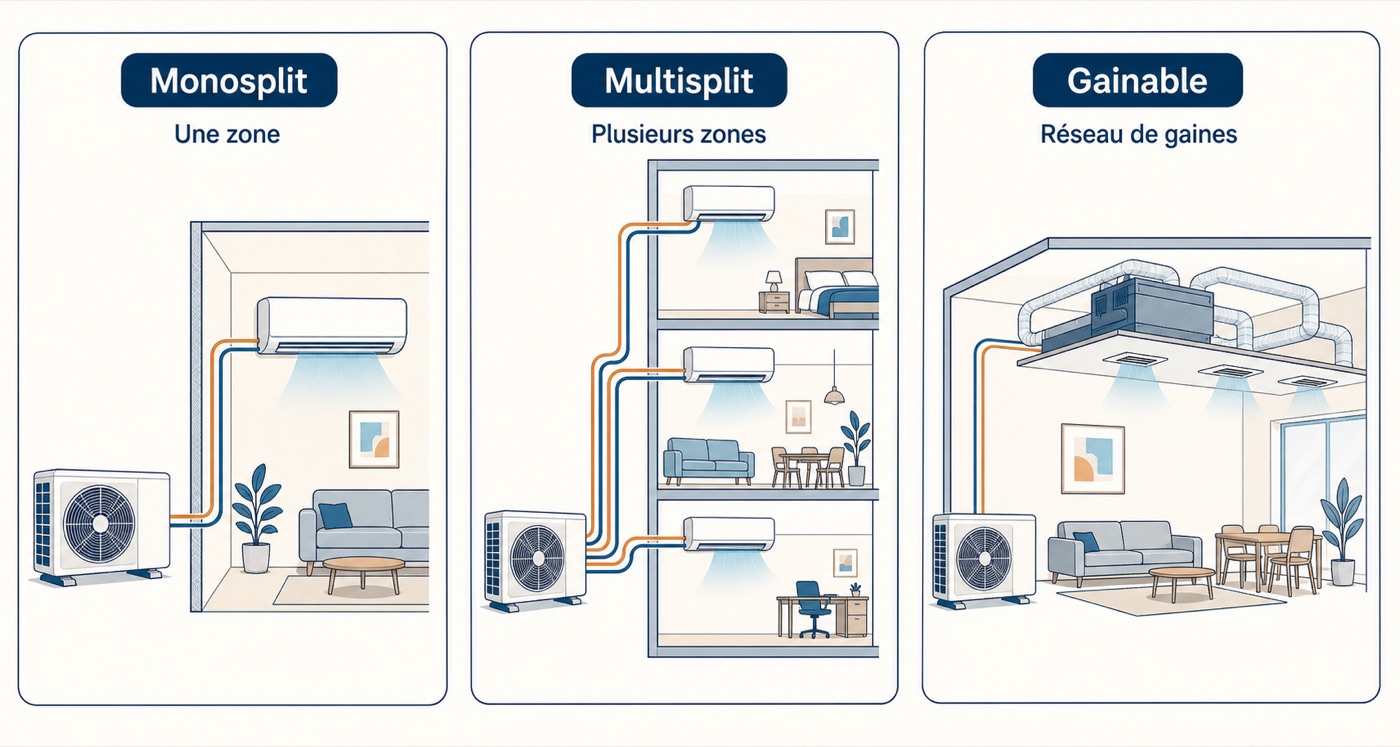 Schéma comparant une climatisation monosplit, multisplit et gainable