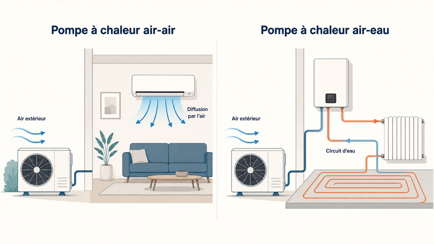 Schéma comparant une pompe à chaleur air-air et une pompe à chaleur air-eau